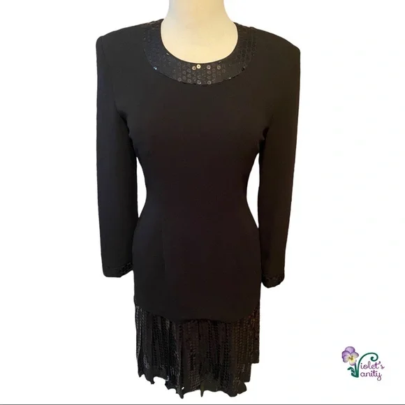 VTG 90s Ann Taylor STUDIO Black Sequin Long Sleeve Drop Waist Dress Flapper  Sz 4
